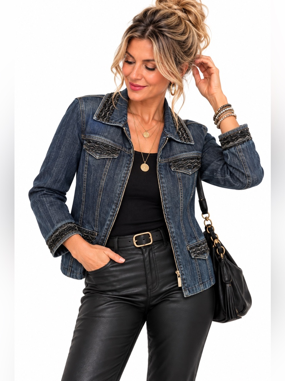 Jones New York Signature Embellished Denim Zip Jacket Dark Wash L
